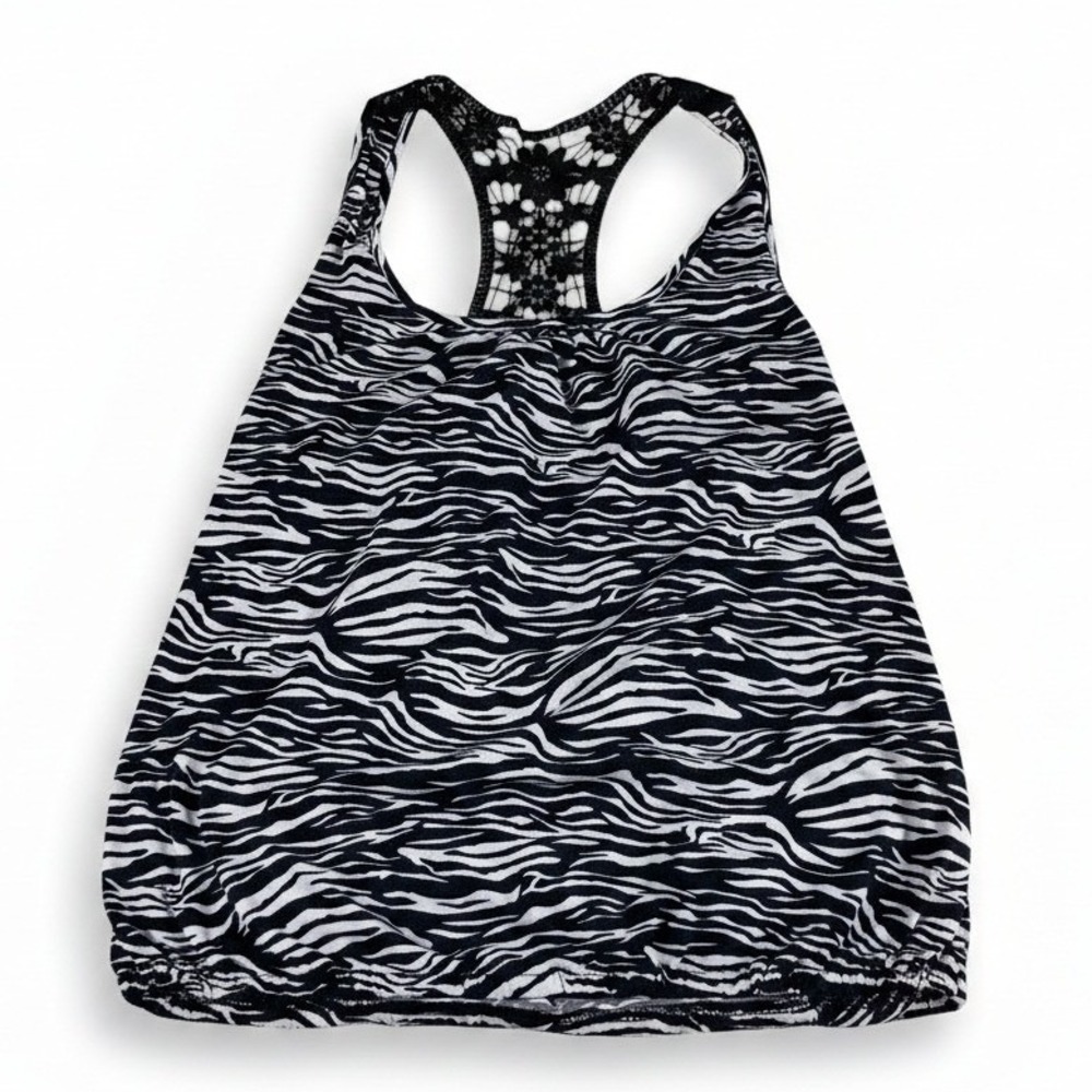 Self Esteem Zebra Print Tank Top Large Black White Lace Racerback Bubble Hem